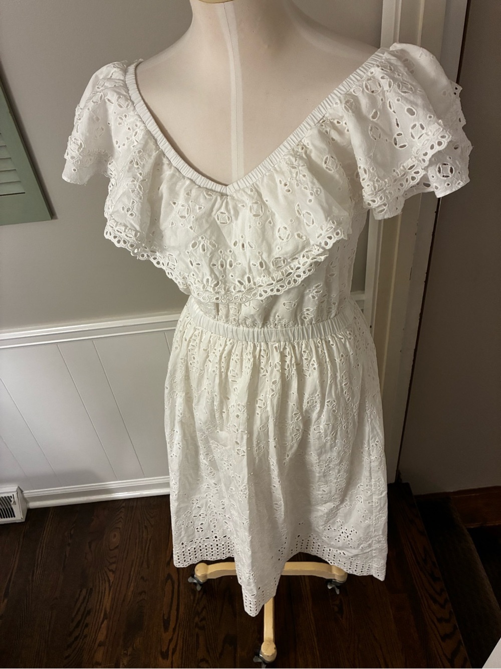 LoveShackFancy White Eyelet Off Shoulder Ruffle Dress